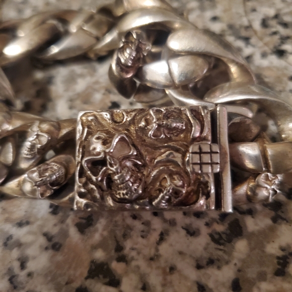 Vintage custom made bikers skull bracelet heavy sterling silver - Picture 3 of 4